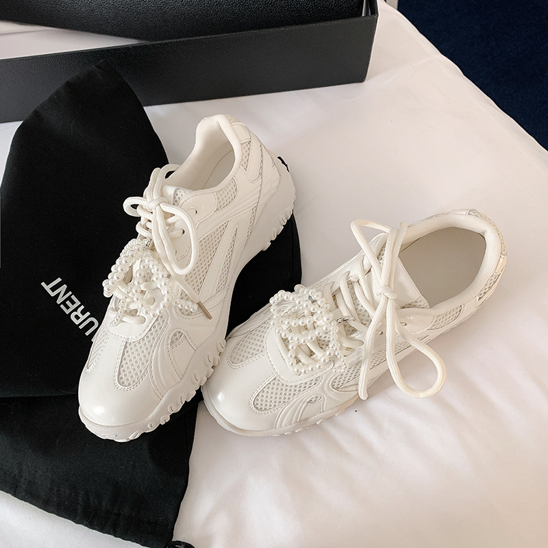 Su Yinyin, el mismo fondo de la luna creciente ~ Cinturón de perlas de encaje realza zapatos de Forrest Gump casuales zapatos de entrenamiento alemán para mujer