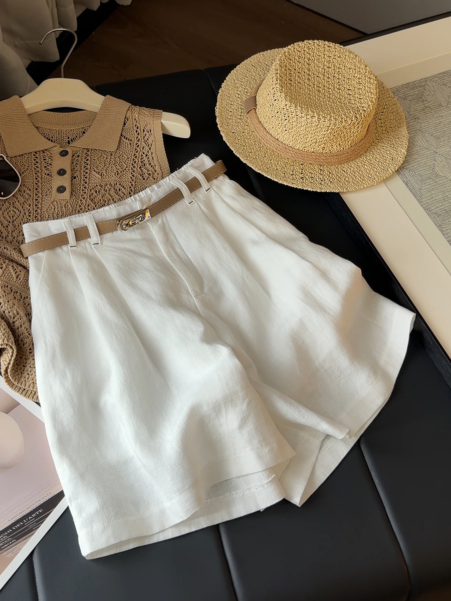 Quần short nữ ống rộng cạp cao chất liệu cotton pha linen phong cách lão tiền phong — Tiền cũ chi tiết 3