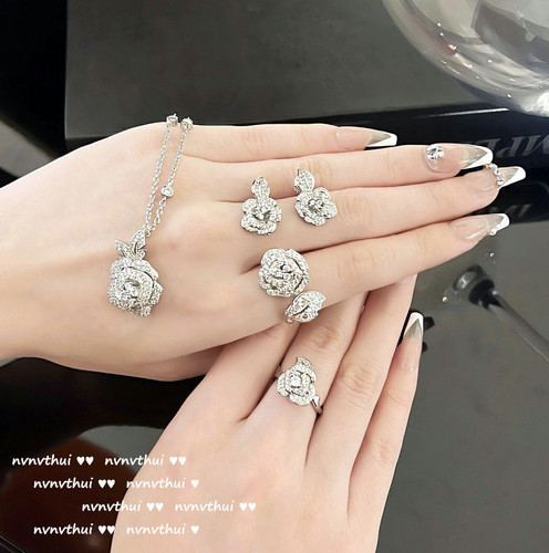 Schubert Rose Gemstone Ring Designer 18K Gold Plated Camellia Zircon Necklace Vintage Stud Earring Set