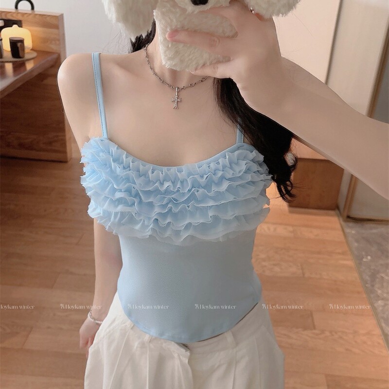 6137 # Sweet and Spicy Style Ear-Hem Camisole for Women, Summer, with Chest Pads, Slim Fit, Short Versatile Sleeveless Top