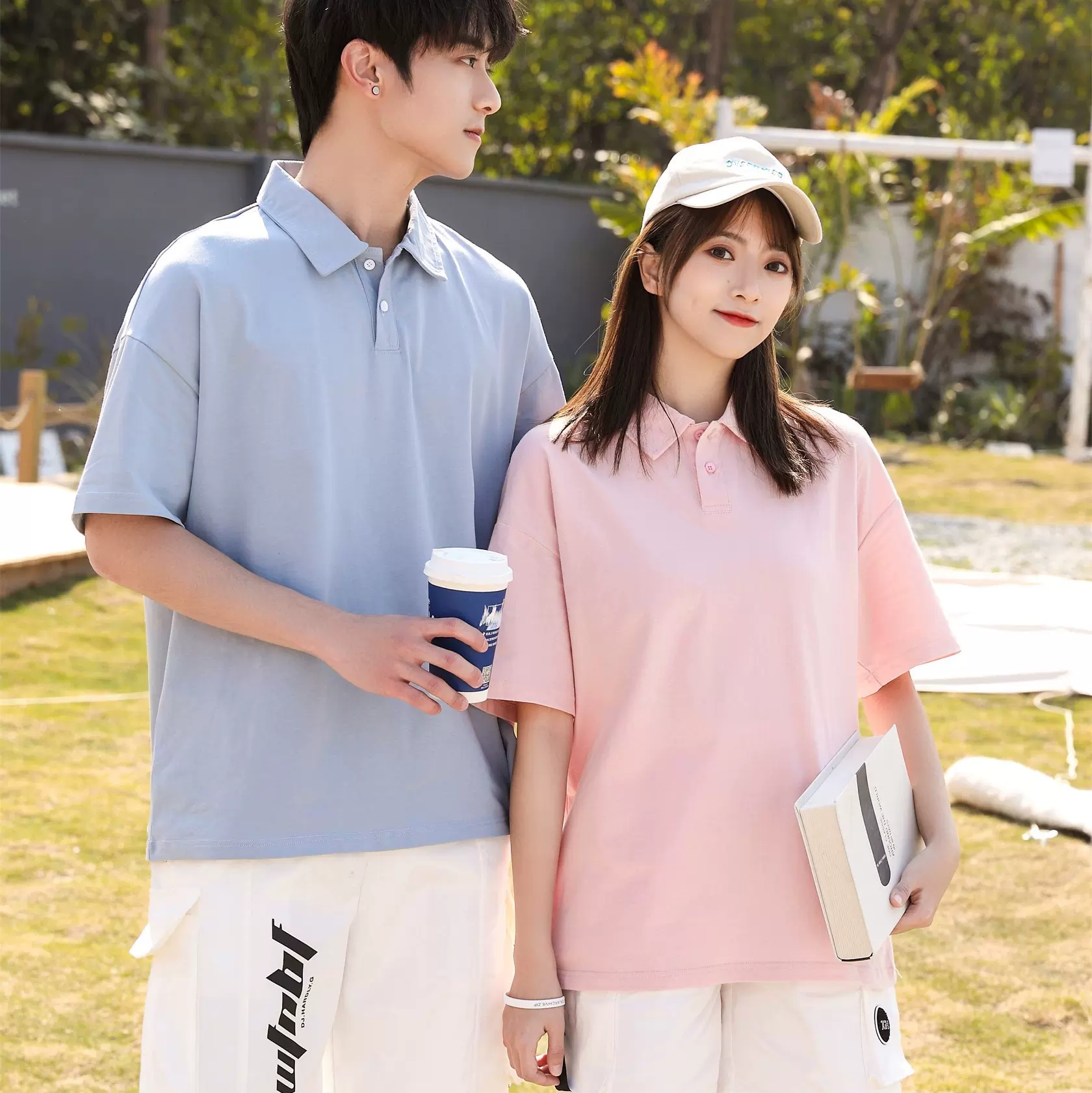 纯棉休闲情侣装翻领学生潮牌宽松落肩POLO衫夏季短袖男女T恤印字