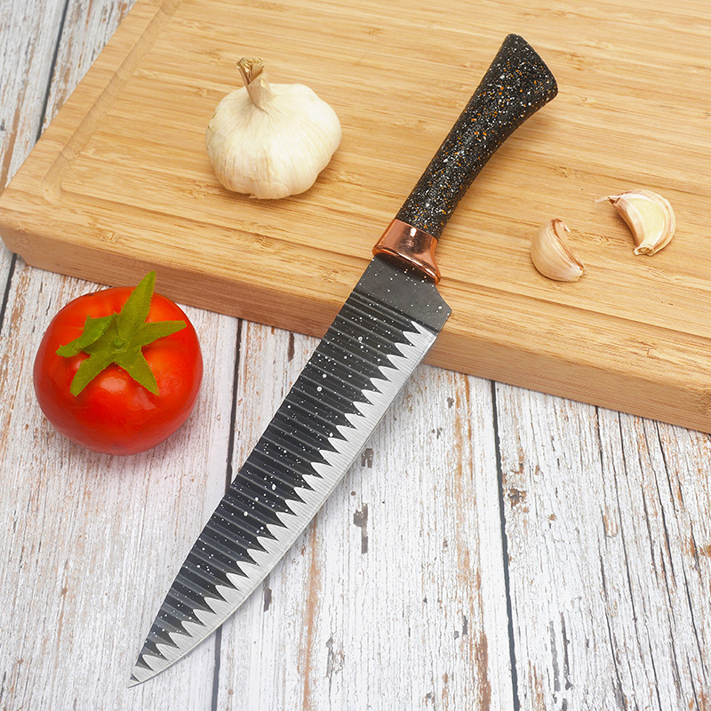 Juego de regalo de seis piezas de cuchillo de cocina de acero inoxidable con mango de herradura chapado en oro rosa Suministro directo de fábrica