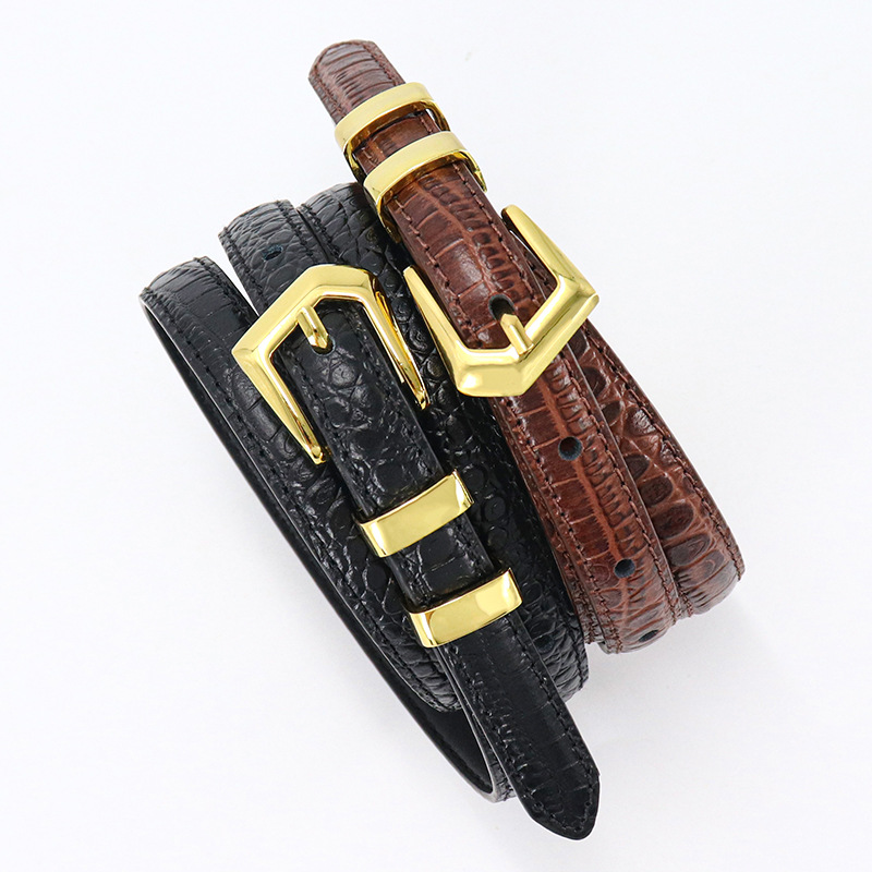 New Autumn and Winter Alloy Needle Button Women's Belt with Crocodile Gold Button and Jeans Skirt Thin Belt_voghion.com