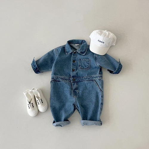Korean infants and young children's autumn clothing, fashionable street denim jumpsuits, men's and women's baby long-sleeved work clothes, romper clothes, outdoor clothes