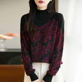 半高领撞色提花针织打底衫女2026新款秋季大码女装上衣秋季毛衣