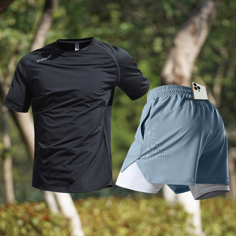 スポーツスーツメンズアイスシルクTシャツ夏薄手速乾半袖トレーニングランニング用品フィットネス服新しいスタイル|undefined