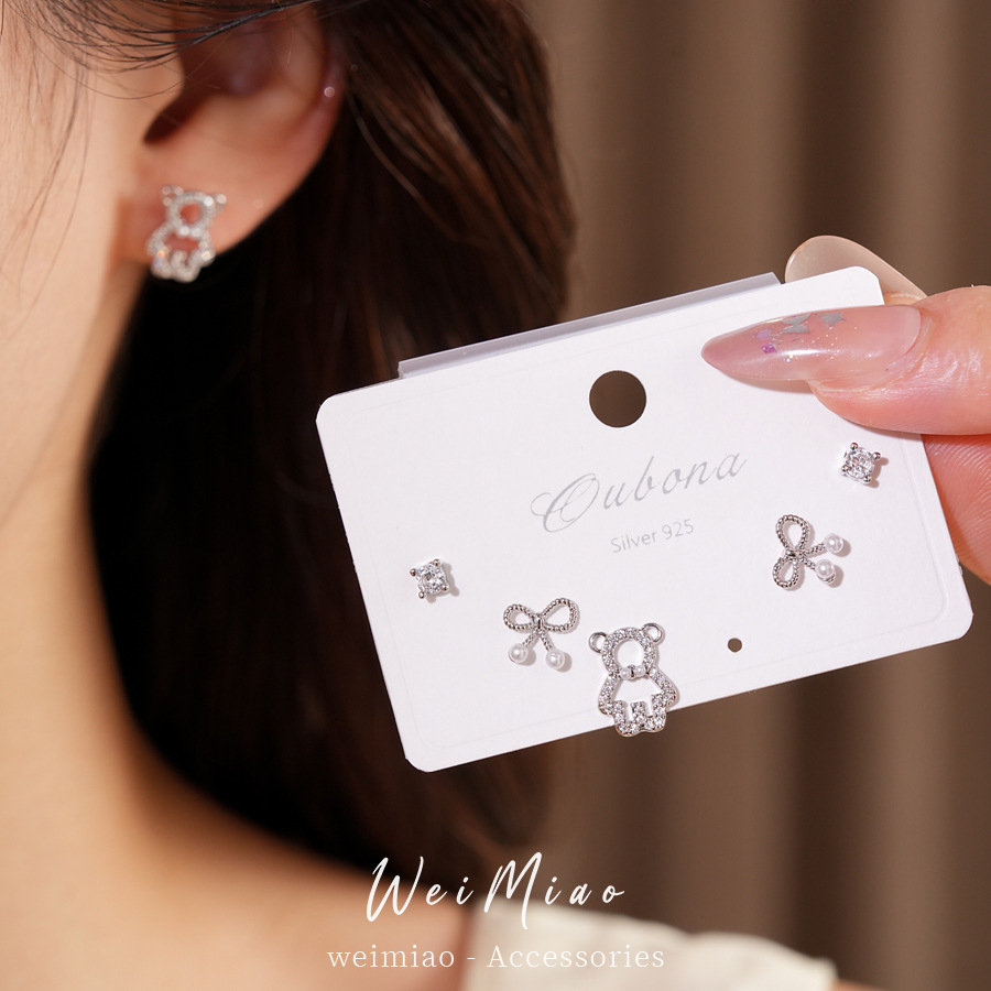 Agujas de plata zircon arco osos personalidad dulce cool versátil pendientes coreanos moda versátil exquisitos pendientes mujeres image 3