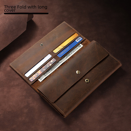 A vintage mad cow leather men's long, medium, and short wallet with oil-dipped leather, multi-card slots, genuine leather beauty coin purse