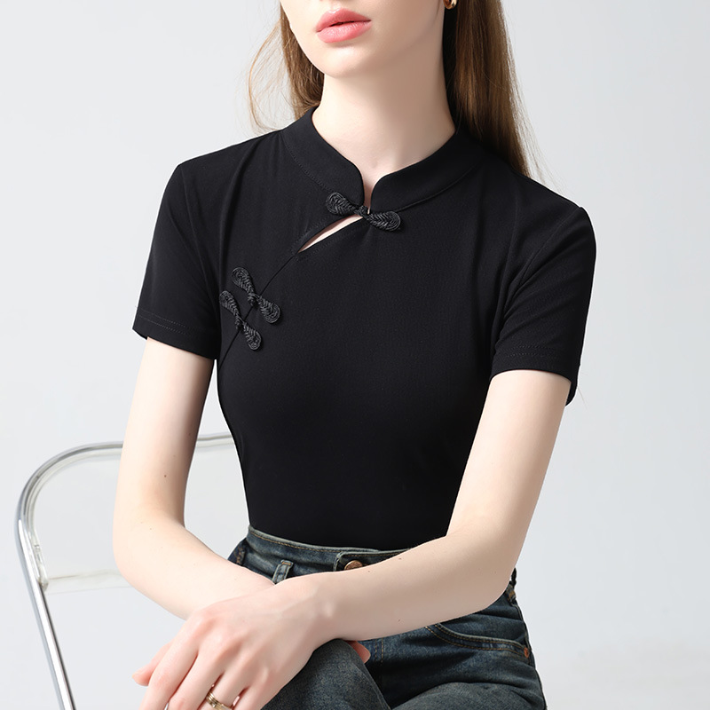 Nueva camiseta de manga corta con cuello cheongsam con hebilla oblicua china de estilo nuevo 2024 camiseta de manga corta con cuello alto de estilo nacional para mujer