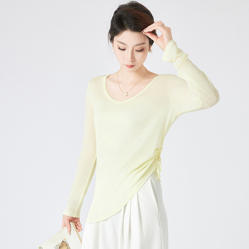 Large Neckline T-Shirt with Pleated Hem That Covers the Hips, Summer Base Layer T-Shirt, Quick-Dry Air Conditioning Shirt, Loose Sun Protection Cover-Up for Summer Fitness