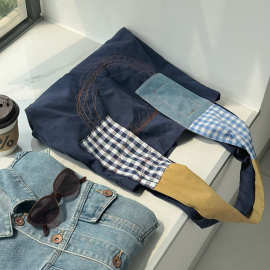 2025新款日系休闲松弛感拼接托特包包学生上课通勤大容量单肩女包