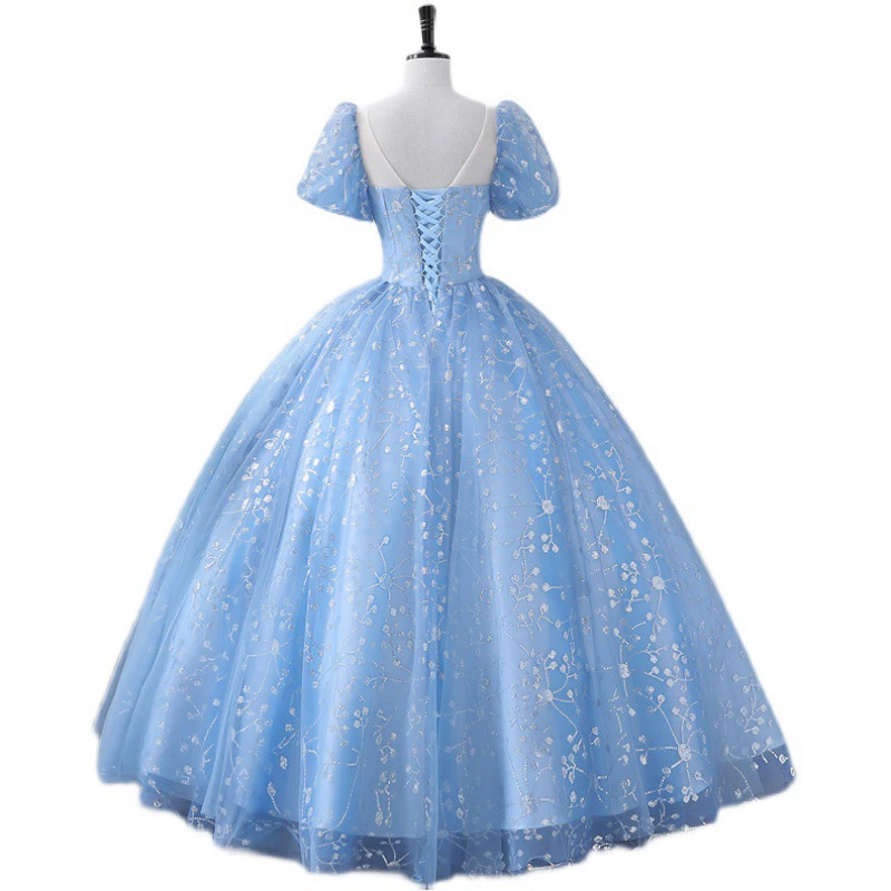 Blue wedding dress for photo sessions for princess with bow, fitted