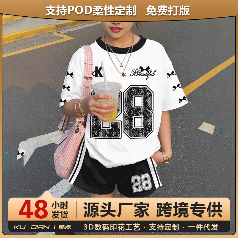 Foreign Trade Cross-Border Kidsren's Cartoon Printed Short-Sleeved Suit Summer Loose T-Shirt Round Neck Shorts European and American Independent Station