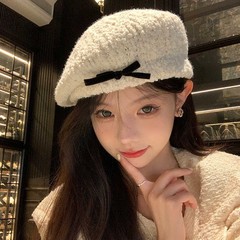 秋冬帽子女甜美可爱蝴蝶结羊羔毛绒贝雷帽保暖套头帽显脸小画家帽