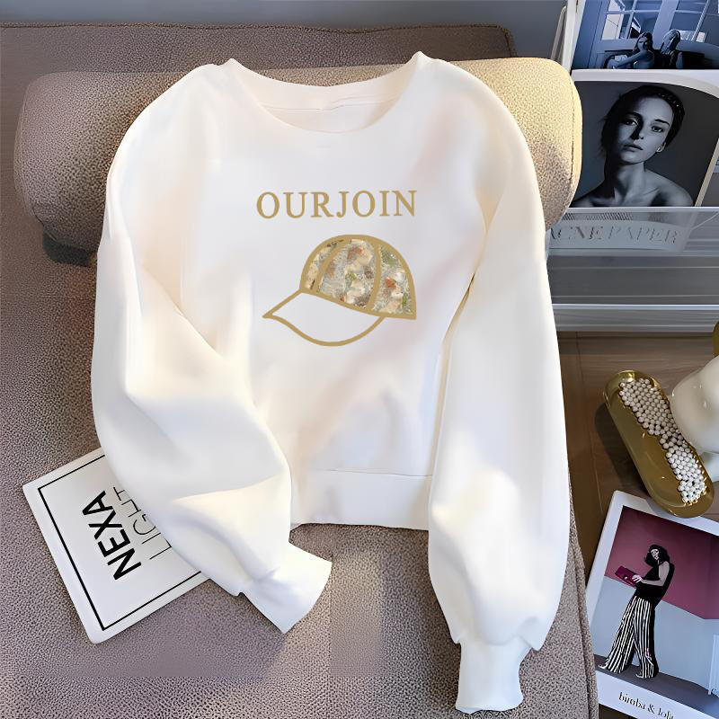 Short White Sweatshirt for Women with Right Shoulder, Velvet and Thickeneding, 2025 New Autumn and Winter Fashion Tops for Small People