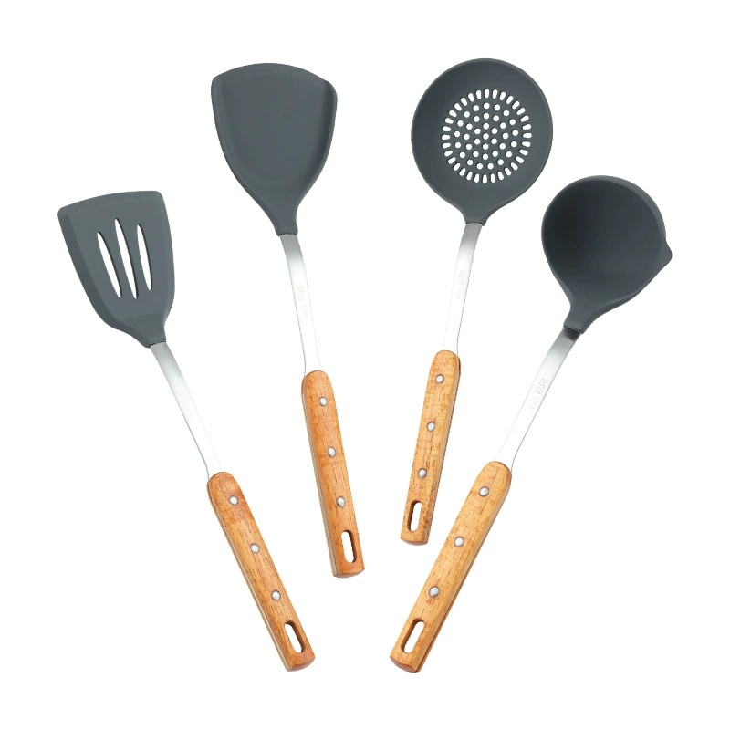 Manufacturer wholesale special non-stick pot silicone spatula high temperature resistant soup spoon 304 stainless steel kitchen utensil set cooking spatula