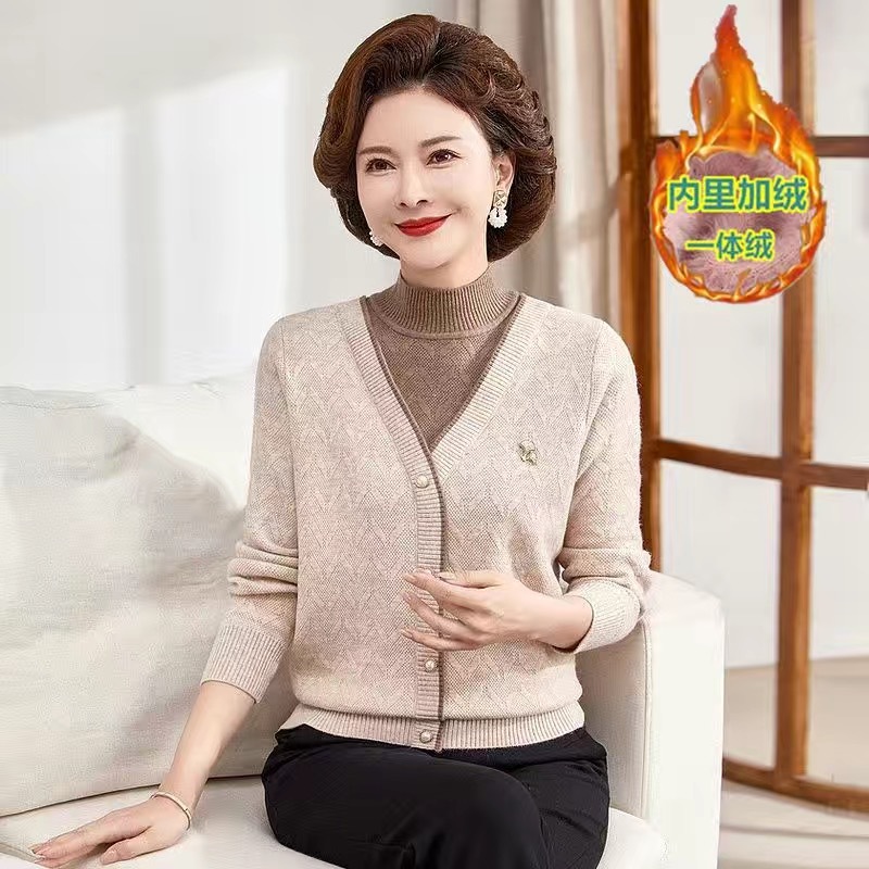 冬季妈妈装加绒毛衣中老年针织衫女士上衣洋气加厚保暖婆婆红衣服