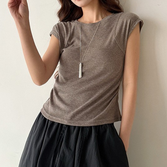 Irina Slim Fit Round Neck Short Sleeve T-Shirt for Women, New Summer Style with Regular Shoulder Design and Small Flutter Sleeves, Stretchy Top