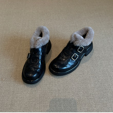 牛皮版~英伦风毛毛鞋双皮带秋冬新款加绒小皮鞋粗跟单鞋女棉鞋