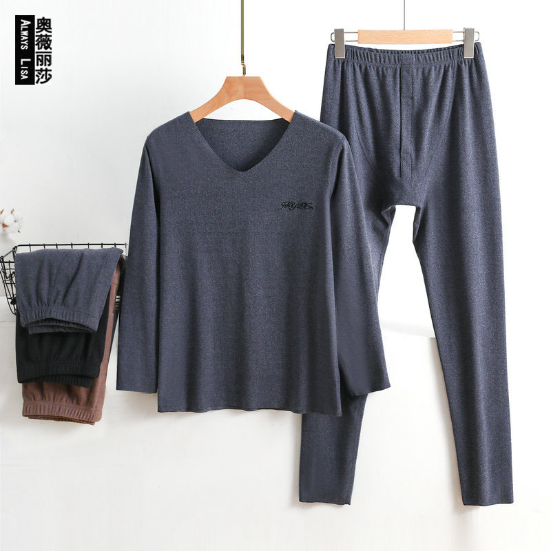 V-Neck Middlefleece Warm Suit Men's Long-Sleeved Trousers Base Underwear Seamless Thickened Large Size Casual Home
