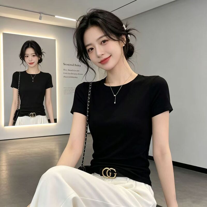 American-style high-end short-sleeve T-shirt with straight shoulders, new summer model, versatile for commuting, slimming, solid color basic top for women, trendy
