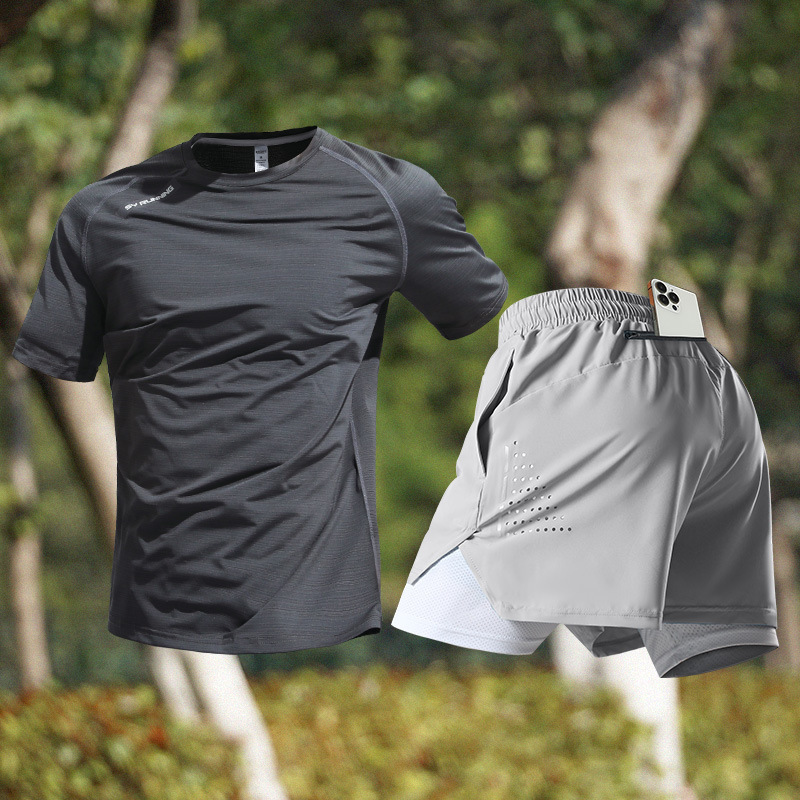 スポーツスーツメンズアイスシルクTシャツ夏薄手速乾半袖トレーニングランニング用品フィットネス服新しいスタイル|undefined