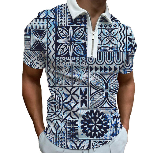 2025 Spring Men's Fashion Casual Trend Printed Polyester Short-Sleeve T-Shirt with Zipper Polo Shirt for Men