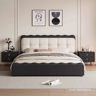 French Retro Solid Wood Bed Master Bedroom Simple Leather Ripple Bed Black Modern Bed Italian Floor-Standing Soft-Packed Double Bed