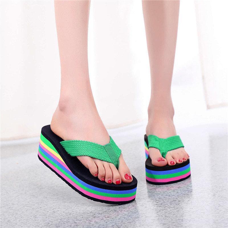 Women's Trendy Rainbow Striped Flip Flops Platform Thick Wedge Heel Beach Wear Casual Shoes_voghion.com