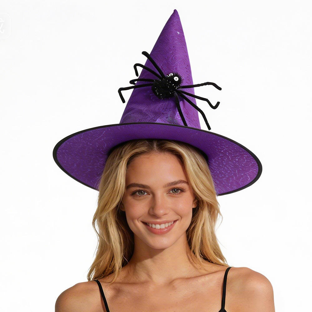 Sombrero de Bruja para Halloween, Accesorios de Disfraces, No Tejido, Negro, con Araña, para Niños y Adultos, Estilo Sombrero de Mago