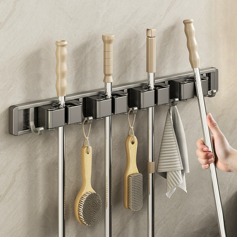 Gun ash mop wall hanging clip mobile hook hook free punching bathroom bathroom storage artifact wall fixed rack on the wall