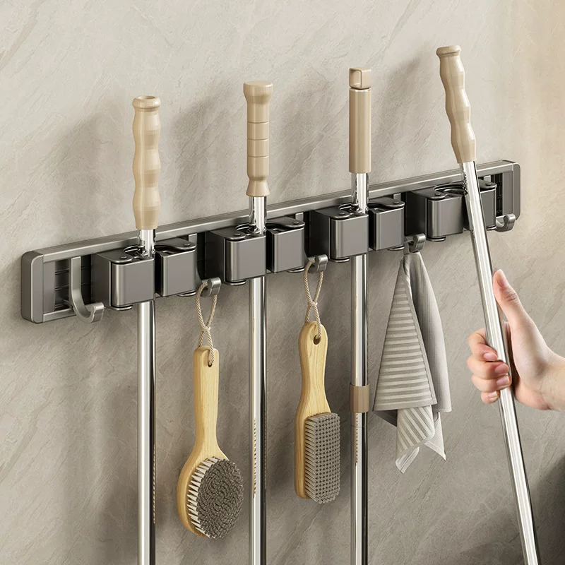 Gun ash mop wall hanging clip mobile hook hook free punching bathroom bathroom storage artifact wall fixed rack on the wall