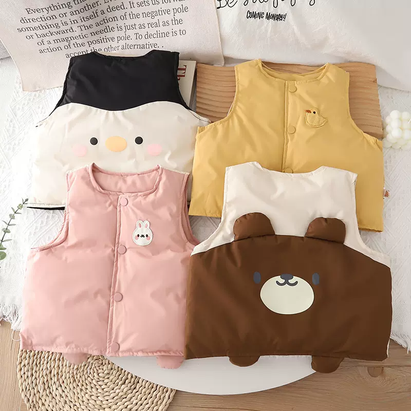 小童羽绒马甲大卡通开扣宝宝背心外出保暖小熊小兔子男女宝新款冬