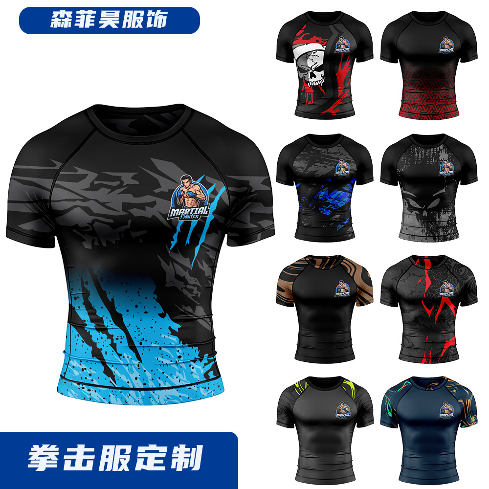 Cross-Border Custom Boxing Uniforms, Tight-Fitting Combat Suits, High-Elasticity Combat Training Fitness Quick-Dry Fat-Reducing Short-Sleeve Shirts