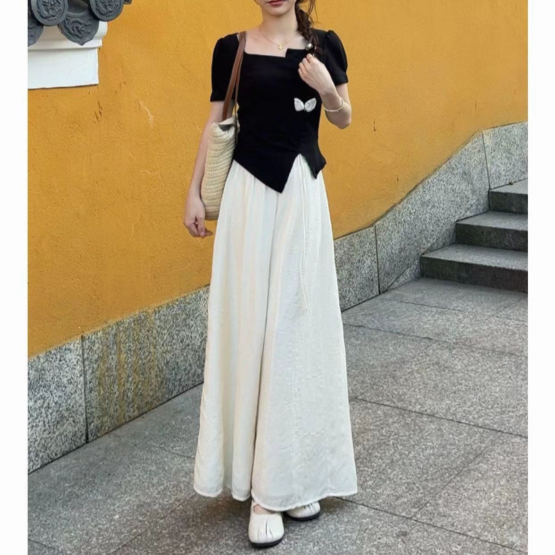 D2G夏セット女性フランスデザイン感不規則tシャツ上着が痩せている|undefined
