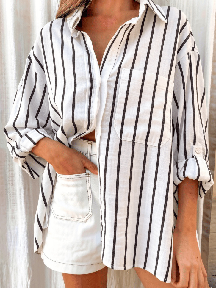 Camisa a Rayas con Cuello Polo Holgada de AliExpress para Primavera/Verano 2025, Éxito de Ventas en OZON, Manga Larga, Estilo Europeo y Americano image 6