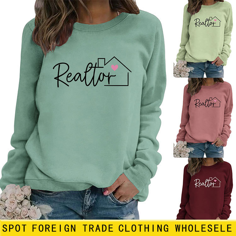 Amazon Ebay Cross-Border Fashion Realtor Pink Heart Print Autum Versatile Pullover Loose Sweatshirt for Women