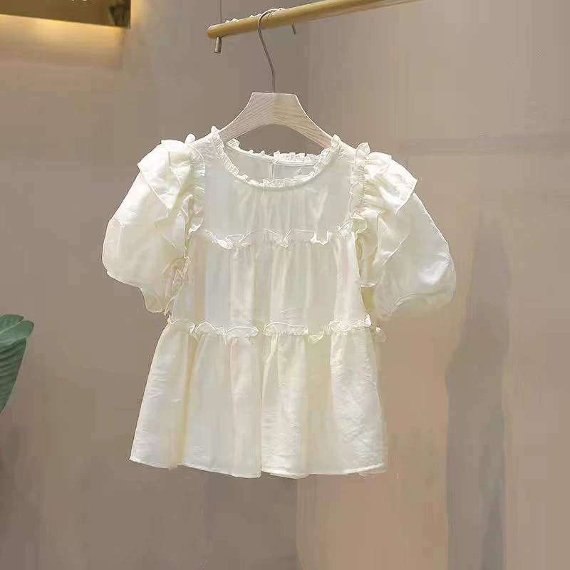 Летняя рубашка для девочек, новинка 2025 года, стильная повседневная универсальная рубашка принцессы с рюшами, рубашка с короткими рукавами для девочек для детей среднего и большого размера