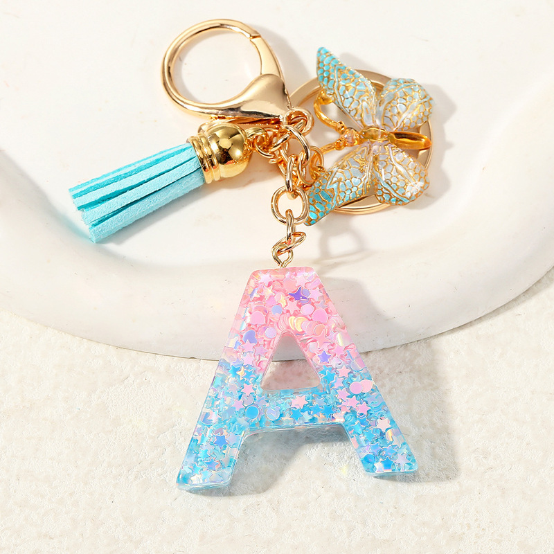 2025 Cross Border Powder Blue Sequin Resin 26 English Letters Keychain Pendant Butterfly Tassel Accessories 2025 Cross Border Powder Blue Sequin Resin 26 English Letters Keychain Pendant Butterfly Tassel Accessories
