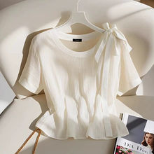 法式蝴蝶结系带短袖雪纺衬衫女2025夏季新短款超好看别致上衣外穿