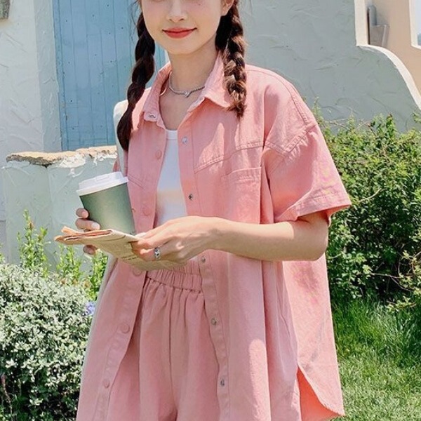 【Two-Piece Set】Japanese-Style Sweet Short-Sleeve Shirt for Women, Loose Top, Thin Jacket + Versatile Casual Wide-Leg Shorts 【Two-Piece Set】Japanese-Style Sweet Short-Sleeve Shirt for Women, Loose Top, Thin Jacket + Versatile Casual Wide-Leg Shorts