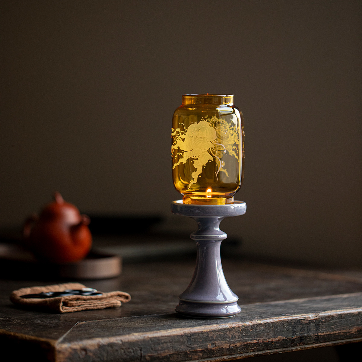 月潋水母明清玻璃烛台灯禅意茶室氛围灯家用落地蜡烛灯装饰摆件