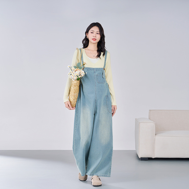 Masanon Maternity Pants New Spring and Summer Fashion Large Size Denim Wide-Leg Overalls for Pregnant Women