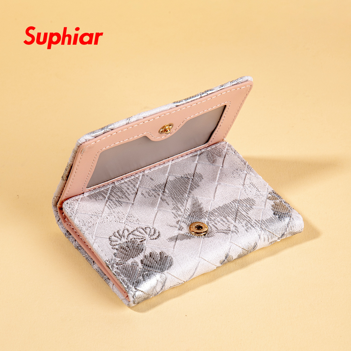 Cartera pequeña de tres pliegues de estilo nacional retro, tarjetero corto y ultrafino con impresión en color, billetera multifuncional y ligera para mujer con patrón de rombos