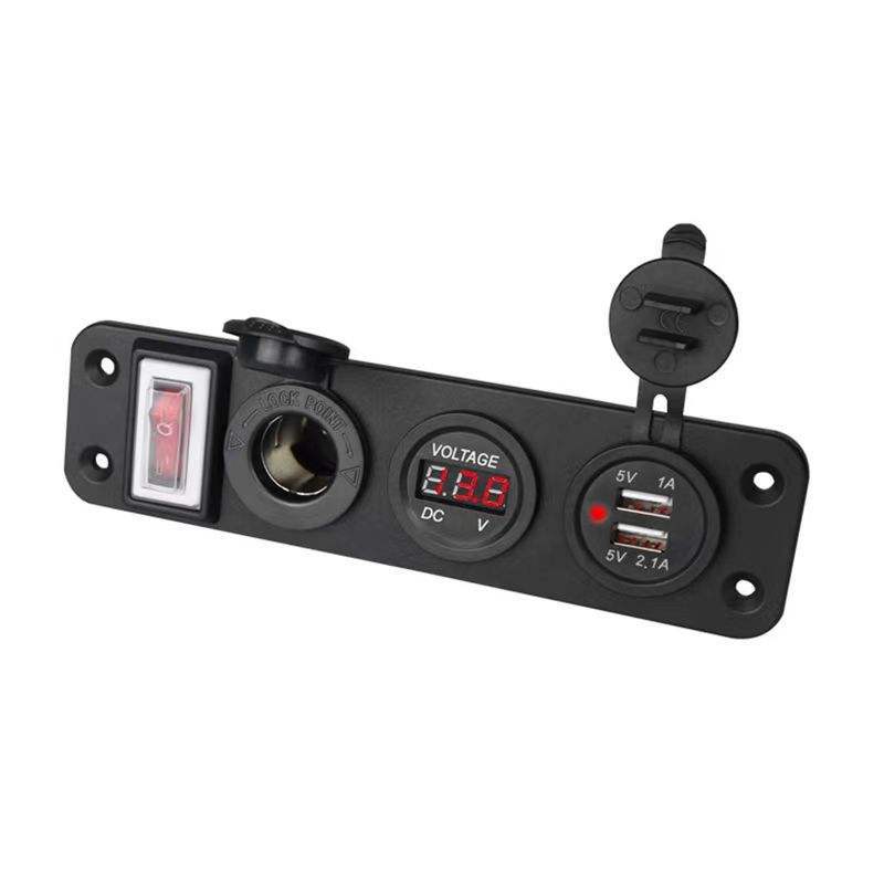 Cross-Border Car Charger with Switch, New 4-Port Panel Female Socket, Dual USB Phone Charging Dock, USB Charging Plug