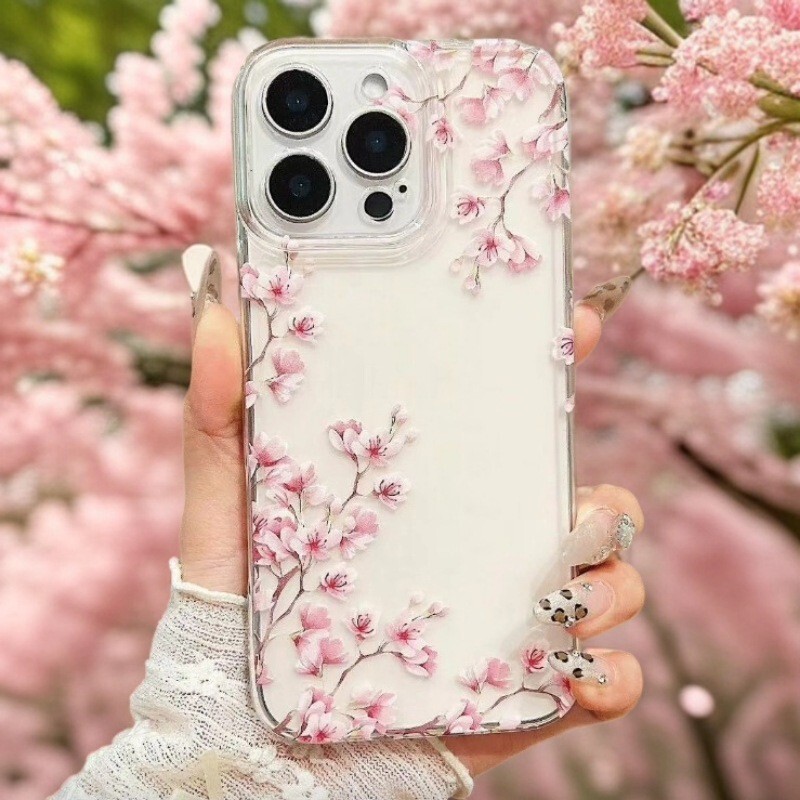 Pink Peach Blossom Suitable for Apple 17Promax Mobile Phone Case Anti-Fall Iphone16 Transparent 15 European and American 14 All-Inclusive 13