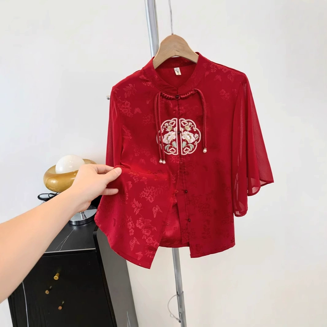 Рубашка с вышитым воротником-стойкой в ​​китайском стиле, улучшенная юбка с лошадиным лицом династии Хань, соответствующий топ, новая красная рубашка в китайском стиле для женщин