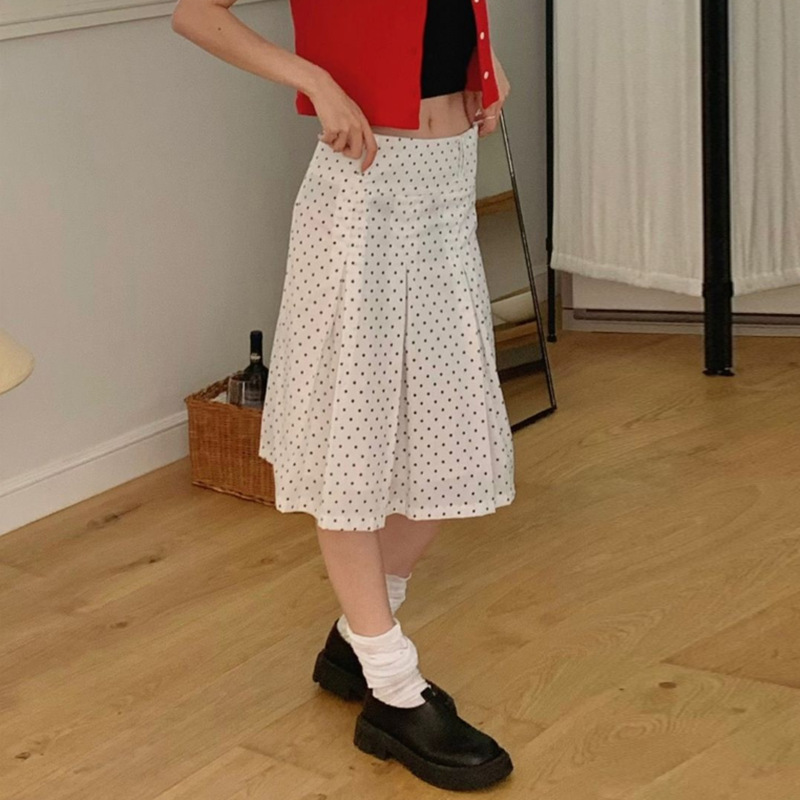 夏季显瘦百搭A字褶皱半身裙文艺复古小波点高腰包臀中长裙女显瘦|undefined
