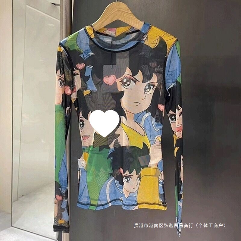 Summer Printed Ice Silk Gauze Thin Long-Sleeve T-Shirt Women's Mesh Base Shirt Sun Protection Top