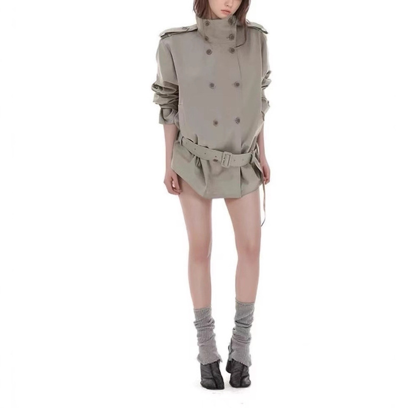 柔软廓型湖灰色宽松立领短款风衣外套女秋季新品|undefined